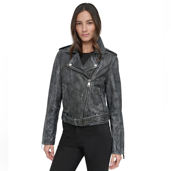 DKNY Jeans Charcoal Leather Moto Jacket - Picture 1 of 16